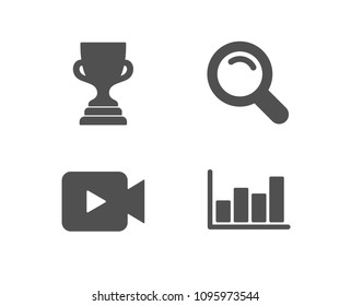 Set of Video camera, Search and Award cup icons. Report diagram sign. Movie or cinema, Magnifying glass, Trophy. Financial market.  Quality design elements. Classic style. Vector