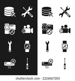 Set Video camera service, Database server, Crossed screwdriver and wrench, Wrench, Smartwatch, Screwdriver and Air conditioner icon. Vector