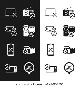 Video Set de cámara, Gamepad, Laptop, Radio, Smartphone, Locación y microondas. Vector