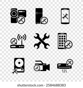 Set Video camera service, Refrigerator, Smartphone, Hard disk drive, Air conditioner, Router wi-fi and Crossed wrenchs icon. Vector