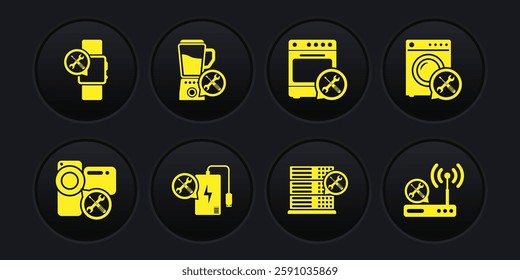 Set Video camera service, Washer, Power bank, Database server, Oven, Blender, Router wi-fi and Smartwatch icon. Vector