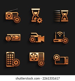 Set Video camera setting, Air conditioner, Microwave oven, Router and wi-fi, Mobile Apps and Fast payments icon. Vector