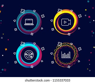 Set of Video camera, Targeting and Notebook icons. Column chart sign. Movie or cinema, Target with arrows, Laptop computer. Financial graph.  Circle banners with line icons. Gradient colors shapes
