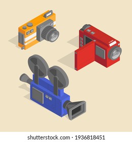 A set of video cameras for different purposes in an isometric projection. Retro style. For apps and games.