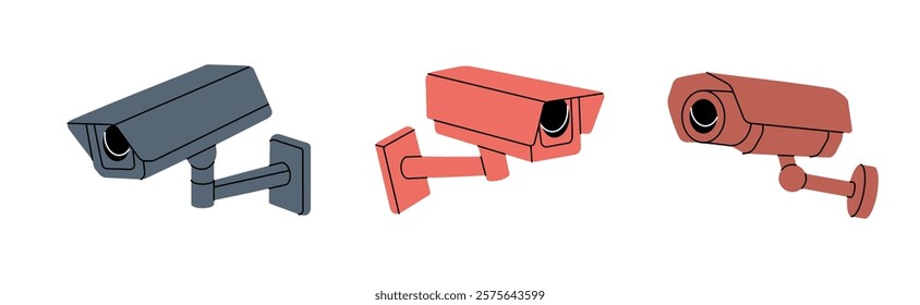Set of video cameras. Outdoor video cameras. External home security system. Vector illustration.
