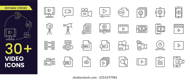 Set of Video and cameras, vector line icons. Contains symbols of Video, family Video, Camera, Flim, Files and much more. Editable Stroke icons