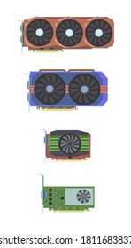 Set of video cards for a bitcoin farm on a white background. Vector drawing.