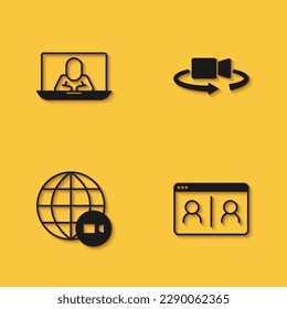 Set Video chat conference,  and 360 degree view icon with long shadow. Vector