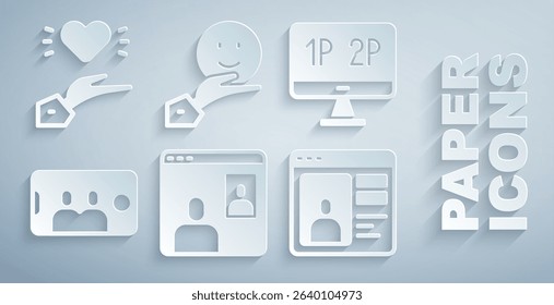 Set Video chat conference, Computer monitor screen, Selfie mobile, Dating app online, Happy friendship day and Pleasant relationship icon. Vector