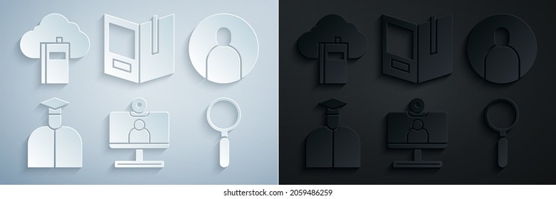 Set Video chat conference, Create account screen, Student, Magnifying glass, Open book and Cloud or online library icon. Vector