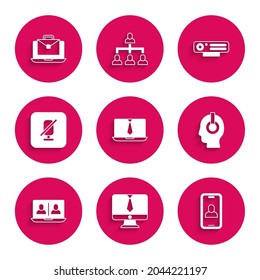 Set Video chat conference, Freelancer, Mute microphone, Web camera and Online working icon. Vector