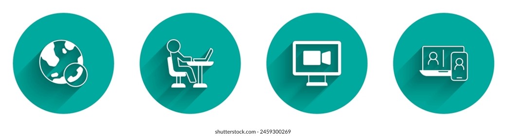 Set Video chat conference, Freelancer,  and  icon with long shadow. Vector