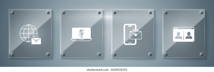 Set Video chat conference, Freelancer, Mute microphone laptop and Online working. Square glass panels. Vector
