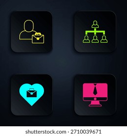 Definir Conferência de bate-papo em vídeo, Freelancer, Coração com trabalho de texto e organograma de hierarquia. Botão quadrado preto. Vetor