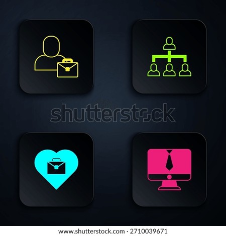 Set Video chat conference, Freelancer, Heart with text work and Hierarchy organogram chart. Black square button. Vector