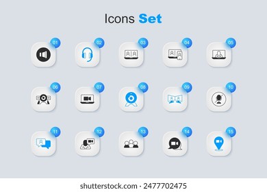 Set Video chat conference, Headphones, Speech bubble, Mute microphone, Speaker volume and Web camera icon. Vector