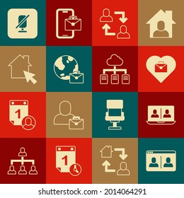 Establecer conferencia de chat de vídeo, trabajo de corazón con texto, base de equipo del proyecto, trabajo en línea, micrófono silenciado e icono. Vector