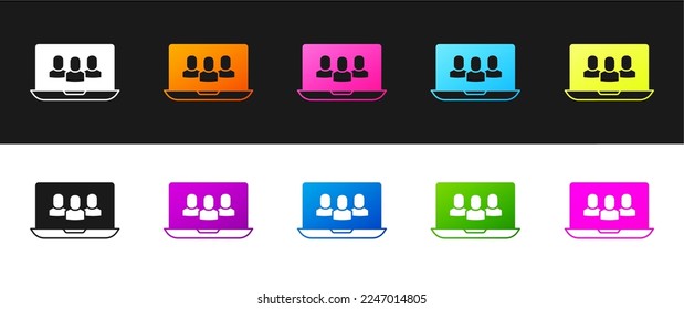 Establece el icono de videoconferencia de chat aislado en fondo blanco y negro. Encuentro en línea desde casa. Administración remota de proyectos.  Vector
