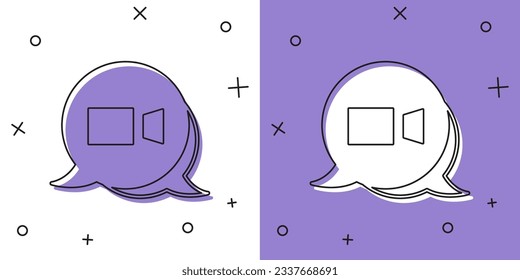 Set Video chat conference icon isolated on white and purple background. Online meeting work form home. Remote project management.  Vector