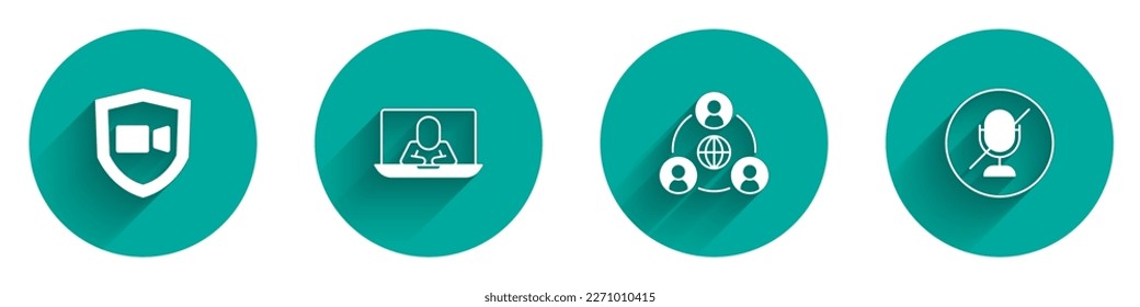 Set Video chat conference, Meeting and Mute microphone icon with long shadow. Vector