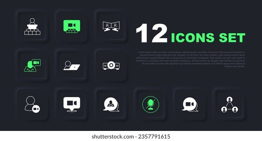 Set Video chat conference, Meeting, Mute microphone,  and Speech bubble icon. Vector