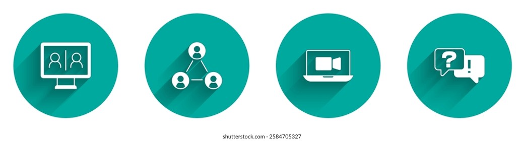 Set Video chat conference, Meeting,  and Question and Answer icon with long shadow. Vector
