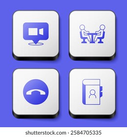 Set Video chat conference, Meeting, Telephone handset and Phone book icon. White square button. Vector