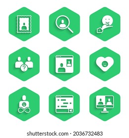 Set Video chat conference, Chat messages laptop, Good relationship, Friends forever, Complicated, Happy friendship day and Picture frame icon. Vector
