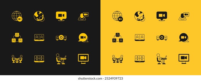 Defina Conferência de bate-papo em vídeo, Filme, filme, projetor de mídia, Freelancer e ícone. Vetor