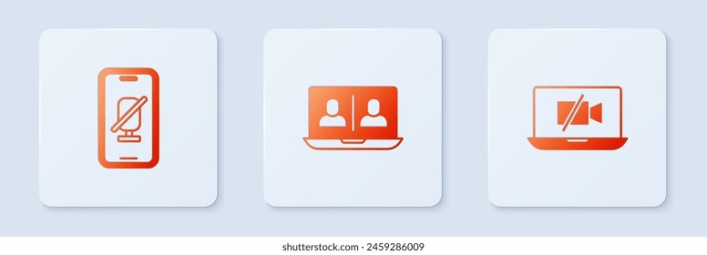 Set Video chat conference, Mute microphone mobile and camera Off laptop. White square button. Vector
