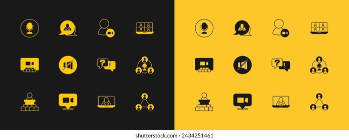 Establecer videoconferencia, pregunta y respuesta, silenciar micrófono, micrófono e icono de burbuja de voz. Vector
