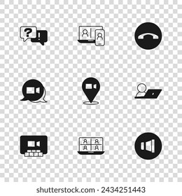 Set Video chat conference, Speaker volume, Telephone handset, Question Answer,  and  icon. Vector