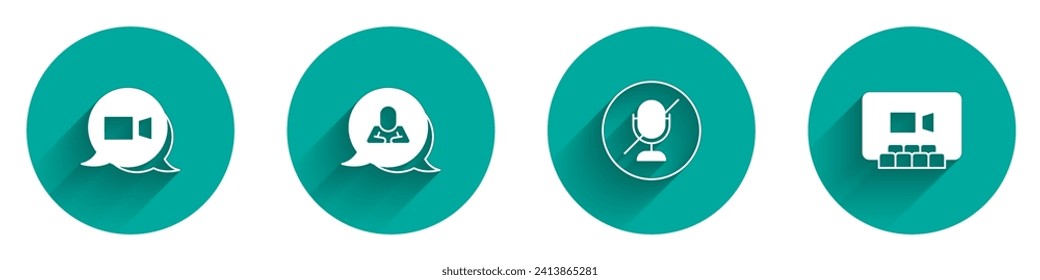 Set Video chat conference, Speech bubble, Mute microphone and  icon with long shadow. Vector