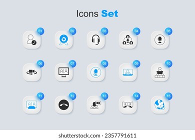 Set Video chat conference, Web camera, Speaker,  and Mute microphone icon. Vector