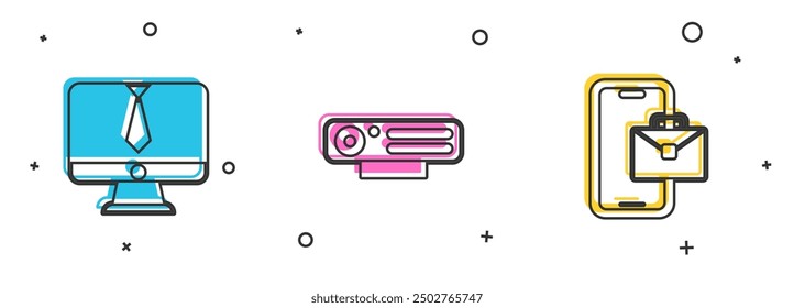 Set Video chat conference, Web camera and Freelancer icon. Vector