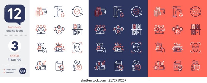 Set of Video conference, Group and Tap water line icons. Include Smile, Dating chat, Security confirmed icons. Wallet, Music phone, Distribution web elements. Parking place. Vector