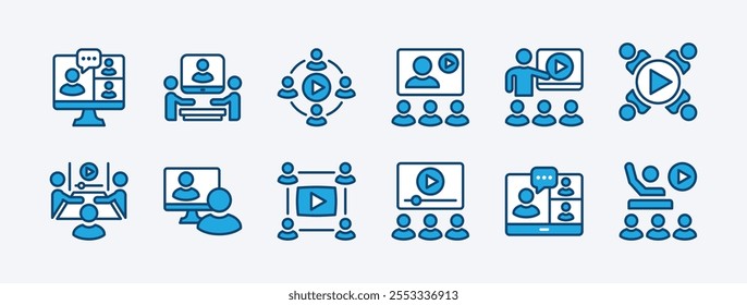 Conjunto de ícones de videoconferência. Contendo trabalho remoto, reunião on-line, local de trabalho, freelance, seminário, sala de aula, educação, treinamento, comunicação, discussão, reunião, aprendizado. Ilustração vetorial