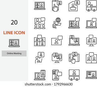 set of video conference icons, online meeting, work at home, online education