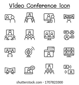Set Of Video Conference Line Icons. Contains Such Icons As Online Meeting, Business Communication, Team, Classroom, Online Education, Presentation, Work From Home And More. Vector Illustration