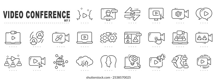 Set of video conference line icons. Meeting, online, live, call etc. Editable stroke. Set 3