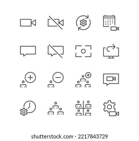 Conjunto de iconos de videoconferencia y reunión en línea, pantalla compartida, botón silencioso, educación y vectores de variedad lineal.