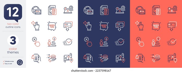 Set of Video conference, Support and Quick tips line icons. Include Reject click, Map, Move gesture icons. Credit card, Card, Vaccine announcement web elements. Checkbox, Web photo. Vector