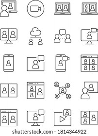 set of video conference thin line icons, video call, online study, work form home ,content creator, online meeting
