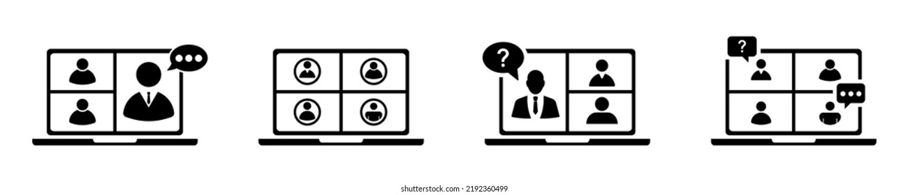 Set of video conferencing vector icons. Virtual online meeting on laptop. Online webinar, seminar, learning. Internet communication. Teamwork on business.