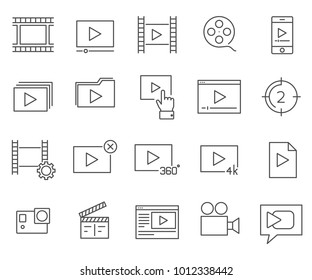 Set of video content Related Vector Line Icons. Includes such Icons as film, camera, play, click, editing, video editing and more.