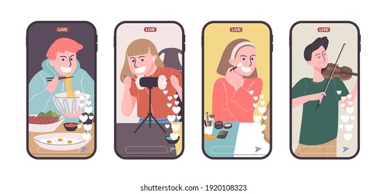 Conjunto de creadores de vídeo que transmiten por teléfono inteligente en estilo plano. Imagen vectorial del personaje de caricatura Mukbung, ASMRtist, blogger de belleza y músico transmitiendo en vivo el vlog.