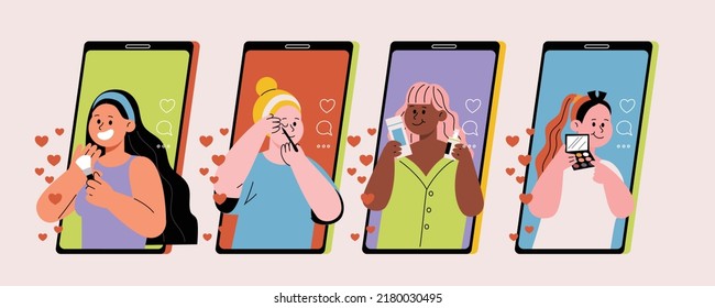 Set of video creators broadcasting on the smartphone in flat style. Vector illustration of cartoon character Beauty blogger lives streaming the cosmetics review.