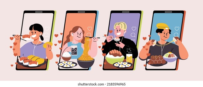 Set of video creators broadcasting on the smartphone in flat style. Vector illustration of cartoon character eating food ASMRtist, mukbung lives streaming.