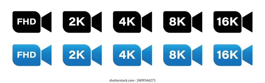 Conjunto de dimensiones de vídeo FHD, 2K 4K, 8K, 16K. Conjunto de resolución de vídeo en color negro y azul aislado en fondo blanco. Material vectorial