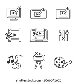 Conjunto de iconos de edición de vídeo en estilo lineal aislados en fondo blanco